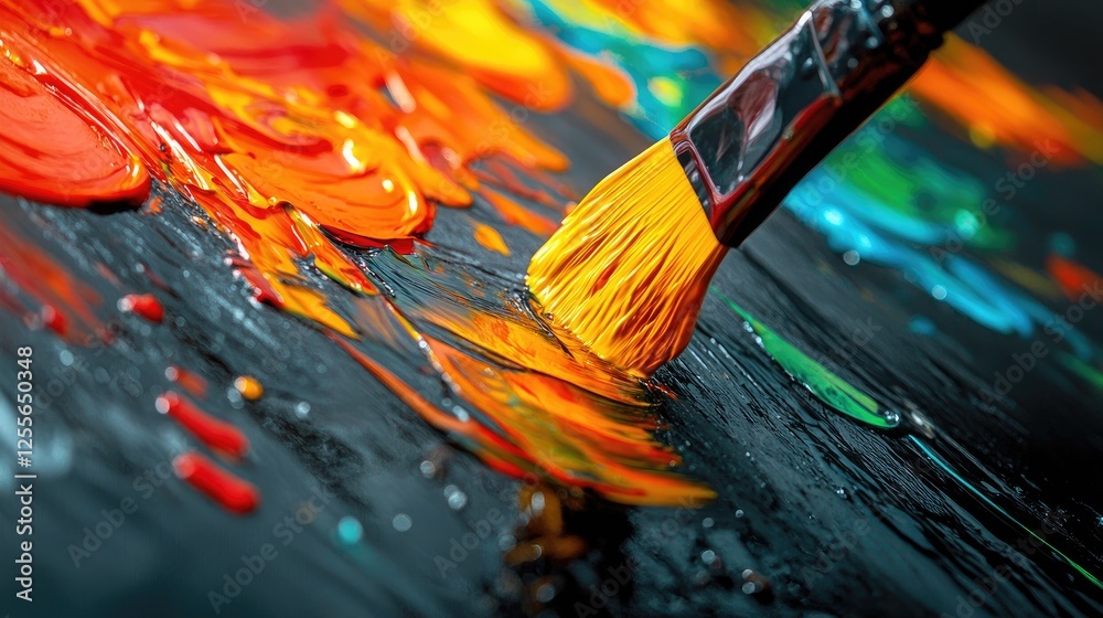 Aufkleber colorful paint dripping from a brush and splashing onto a shiny black surface, creating an abstract,