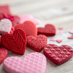 Obraz premium Close-up image of various textured red and pink heart shapes in a blurred background, creating a romantic and abstract atmosphere. By primopiano
