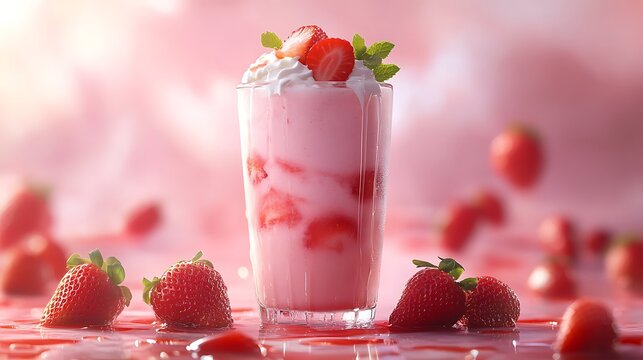 A fresh strawberry lassi in a tall glass, blended to a silky smooth texture, topped with whipped yogurt, fresh strawberries, and mint leaves, condensation dripping from the sides,