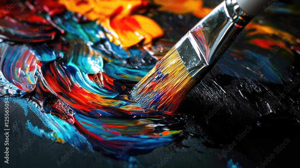 Poster colorful paint dripping from a brush and splashing onto a shiny black surface, creating an abstract,