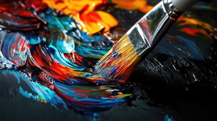 Fototapeta premium Colorful paint dripping from a brush and splashing onto a shiny black surface, creating an abstract, vibrant masterpiece full of energy