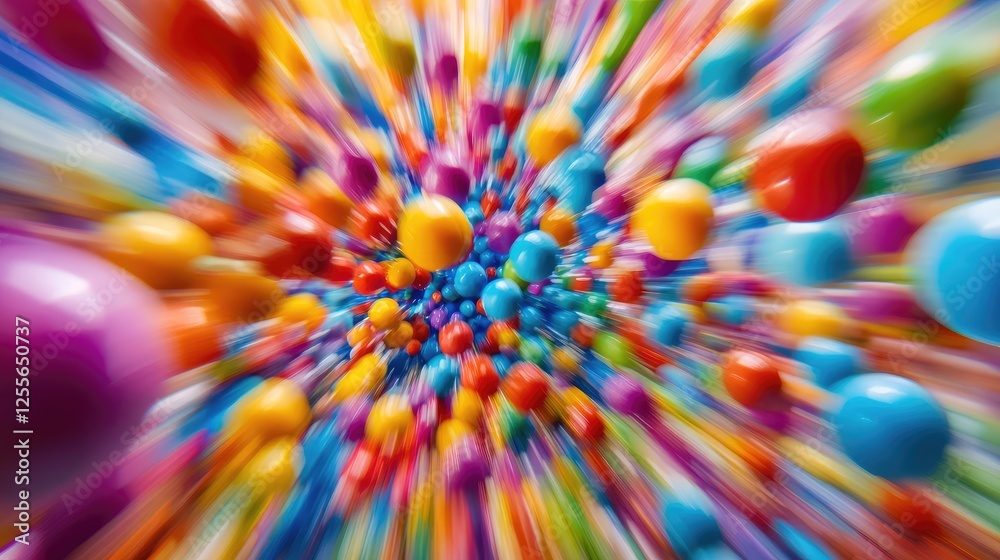 Aufkleber Colorful Styrofoam mini balls exploding outward in a vibrant motion blur, creating an energetic and visually dynamic image full of life and movement