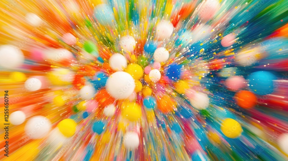 Poster Colorful Styrofoam mini balls exploding outward in a vibrant motion blur, creating an energetic and visually dynamic image full of life and movement