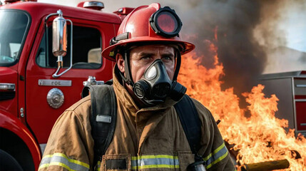 Obraz premium Heroes among us: A firefighter in front of the fire truck