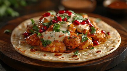 A fusion taco filled with spicy butter chicken, crispy naan shell, creamy mint chutney drizzle, garnished with fresh coriander and pomegranate seeds, rich textures, warm golden lighting,