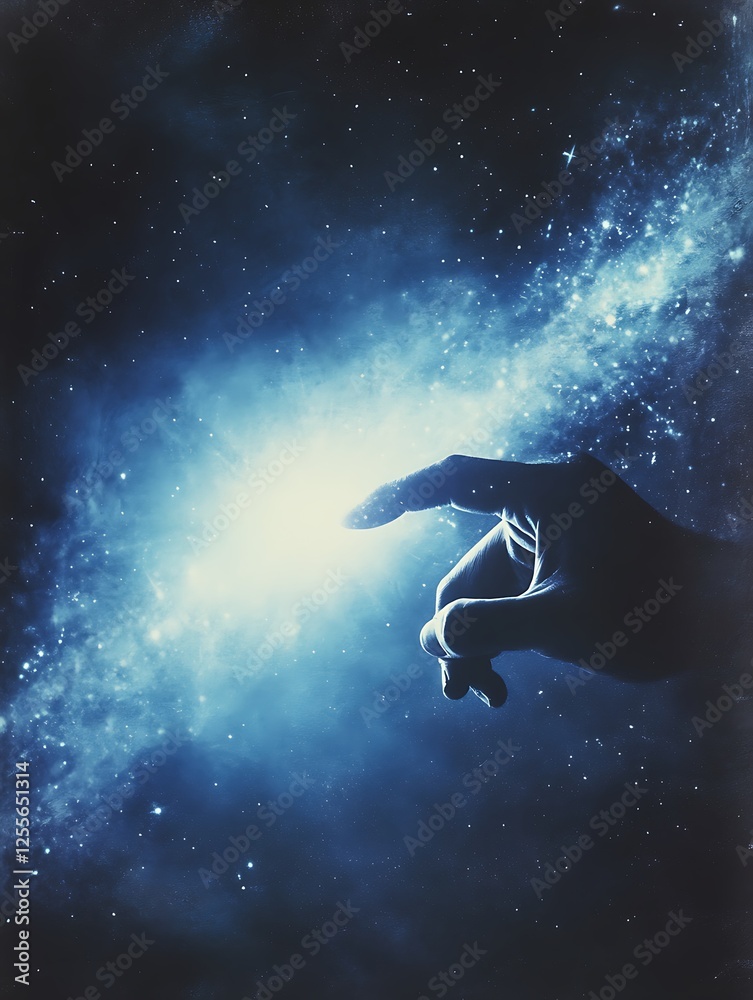 Aufkleber a hand reaches towards a glowing galaxy, symbolizing connection and exploration of the cosmos amidst