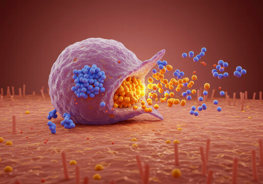 3D Illustration of Mast Cell Releasing Histamine, Depicting Allergic Response Mechanism