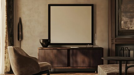 A warm, neutral-toned interior with a large blank frame above a handcrafted wooden sideboard.
