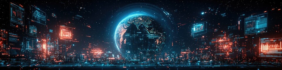 Obraz premium Futuristic Cityscape with Digital Earth at its Center
