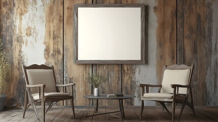 A warm, rustic interior with vintage wooden chairs, neutral tones, and a centered blank white frame. 