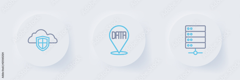 Poster set line server, data analysis and cloud and shield icon. vector