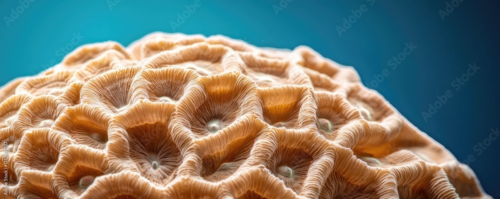 Poster Coral reefs microscopic concept. Detailed close-up of coral texture showcasing intricate patterns and structures.