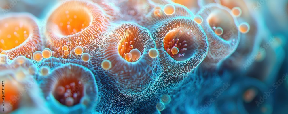 Poster coral reefs microscopic concept. close-up view of colorful microscopic organisms in a fascinating un