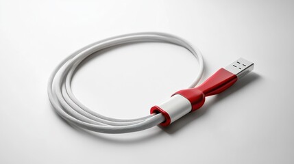 Red USB cable coiled on white background