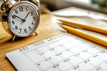 Desk clock, calendar, pencils, planning, morning, office, sunlight, schedule, productivity, time management