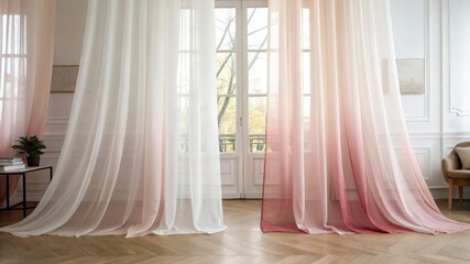Curtain shade and transparent, Sheer curtains in soft gradient hues create an elegant, airy atmosphere in a bright, stylish room with wooden flooring and natural light.