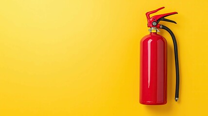 Fototapeta premium Bright red fire extinguisher on yellow background.