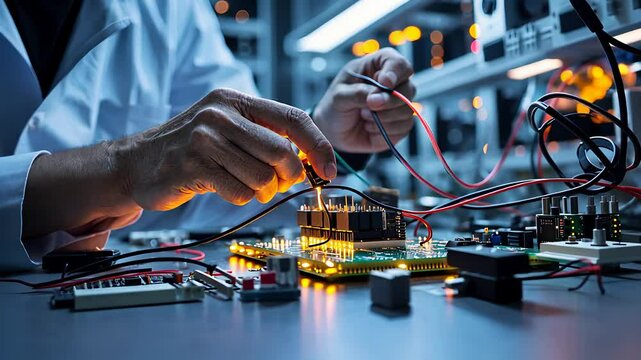 Electronics Engineer Working on Circuit Board with Wires and Components in High-Tech Laboratory

