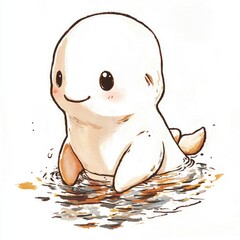 Adorable Cartoon Beluga Whale Calf in Shallow Water