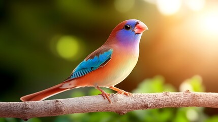 Obraz premium Colorful bird perched on a branch, surrounded by lush greenery and soft sunlight in the background
