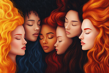 Naklejka premium International Day for Elimination of Racial Discrimination.Women of different skin tones stand in profile with closed eyes, symbolizing unity, love, emphasizing the importance of tolerance, solidarity