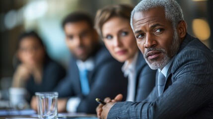 Focused African American businessman in a meeting thoughtful expression colleagues in the background