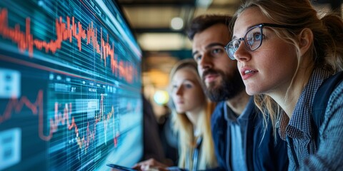 Focused Team Analyzing Financial Data on Large Screen Display Stock Image of Business Professionals