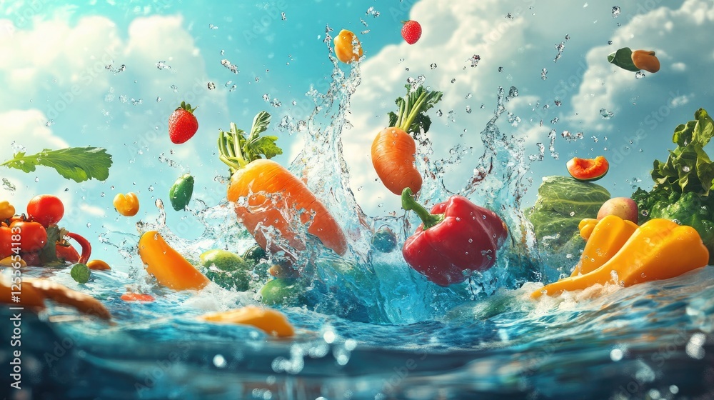 Aufkleber Fresh vegetables and fruits jumping into water with dynamic splashes, creating a lively and colorful scene against a wide backdrop