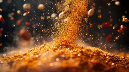 A high-speed capture of Indian spices being tossed into the air, an explosion of bright reds, yellows, and oranges, rich texture of finely ground powders and whole spices, moody lighting,