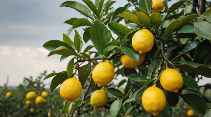 Vibrant Fresh Lemons on a Lemon Tree in a Homegrown Orchard Gardening Setting
