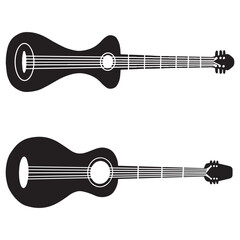 Set of black and white guitars silhouettes. Acoustic and electric guitar outline musical instruments vector isolated on white background.  Full view of ukulele. Guitar fretboard, bass guitar