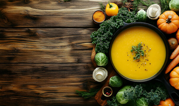 Delicious autumnal pumpkin soup in a cast iron skillet, surrounded by fresh vegetables on a rustic wooden background.  Perfect for fall recipes and healthy eating.
