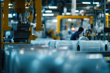 Fototapeta premium Automated Factory: Robotic Arms Produce Plastic Film Rolls Efficiently in Modern Manufacturing Plant