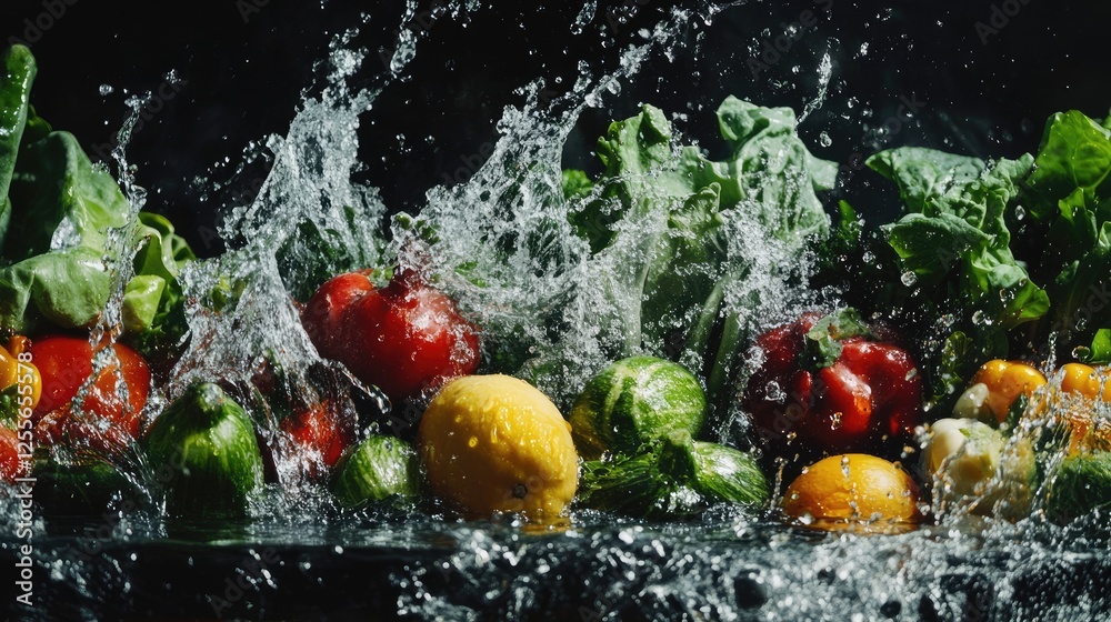 Poster Fresh vegetables with water splashing around them, creating a refreshing and vibrant scene of healthy produce in motion