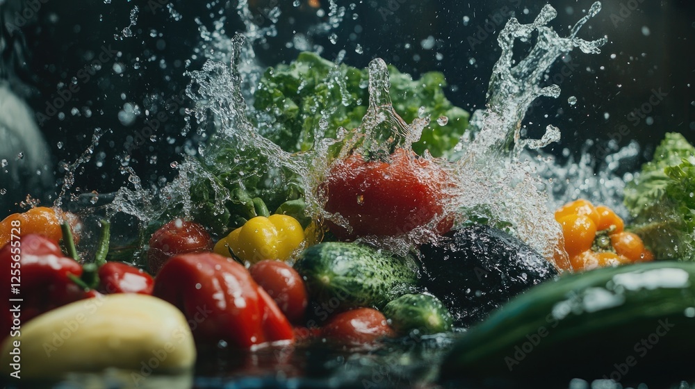 Poster Fresh vegetables with water splashing around them, creating a refreshing and vibrant scene of healthy produce in motion