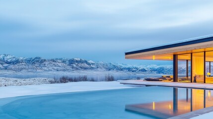 Fototapeta premium Development Geothermal Design. Modern cabin with pool overlooking snowy mountains at dusk.