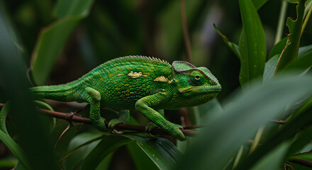 Fototapeta premium Green Chameleon on Leafy Branch in Nature