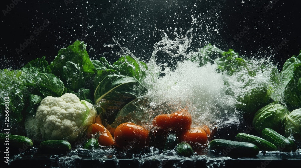 Poster Fresh vegetables with water splashing dramatically around them, creating a dynamic and vibrant scene of natural freshness