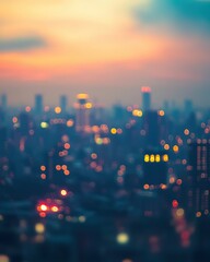 Fototapeta premium A blurred city skyline at dawn, soft neutral tones, professional depth, clean space, perfect for text overlay