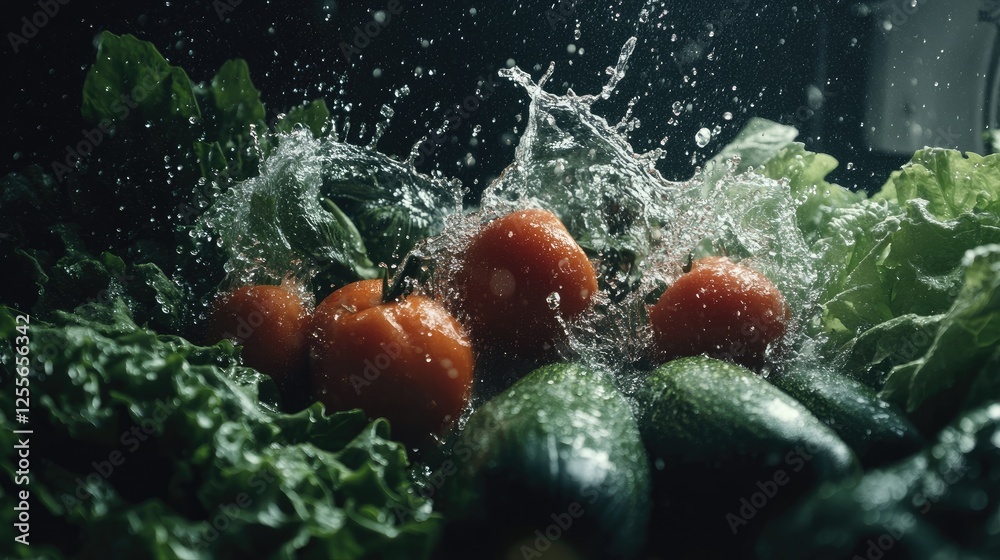 Poster Fresh vegetables with water splashing dramatically around them, creating a dynamic and vibrant scene of natural freshness