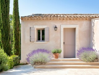 A charming stone cottage with a lavender garden, surrounded by tall cypress trees and a clear blue sky, creating a serene and inviting atmosphere.