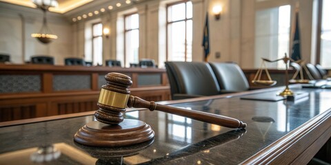 A gavel rests on a polished desk in a courtroom, symbolizing justice and authority, with chairs and a spacious, well-lit environment in the background.