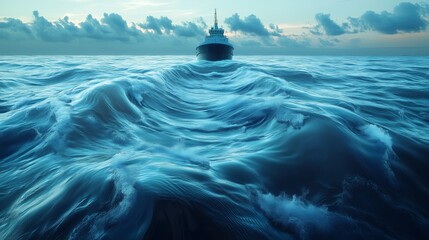 A solitary boat sailing on the huge waves