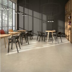 Luxury restaurant interior with beige marble floor, black empty wall, circular wooden tables and black chairs, hanging lamps, window glass wall to an amazing view. 3D Illustration. Mockup 3D Rendering