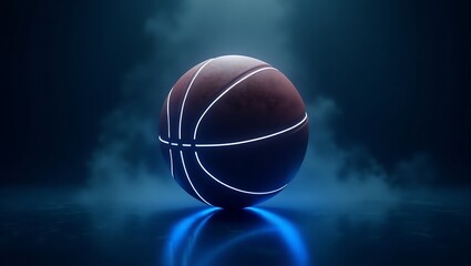 basketball with glowing blue edges, dark background