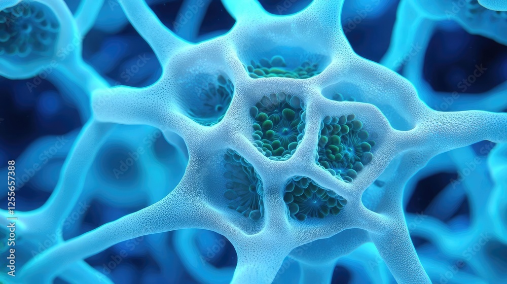 Poster Coral reefs microscopic concept. Intricate structure of neurons showcasing connectivity and dynamic interaction.