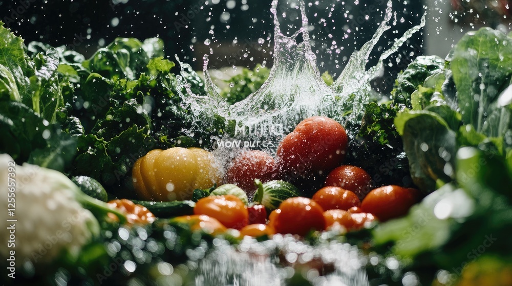 Poster Fresh vegetables with water splashing dramatically around them, creating a dynamic and vibrant scene of natural freshness