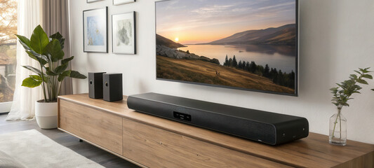 A modern living room featuring a large TV, soundbar, and decorative plants, creating a cozy and stylish atmosphere.