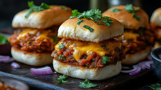 A modern take on pav bhaji, served as a loaded cheesy pav slider with spicy bhaji filling, melted cheese dripping, golden toasted buns, garnished with fresh coriander and red onions,