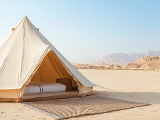 A serene desert scene featuring a spacious cream-colored tent, open to the landscape, with a cozy interior visible.